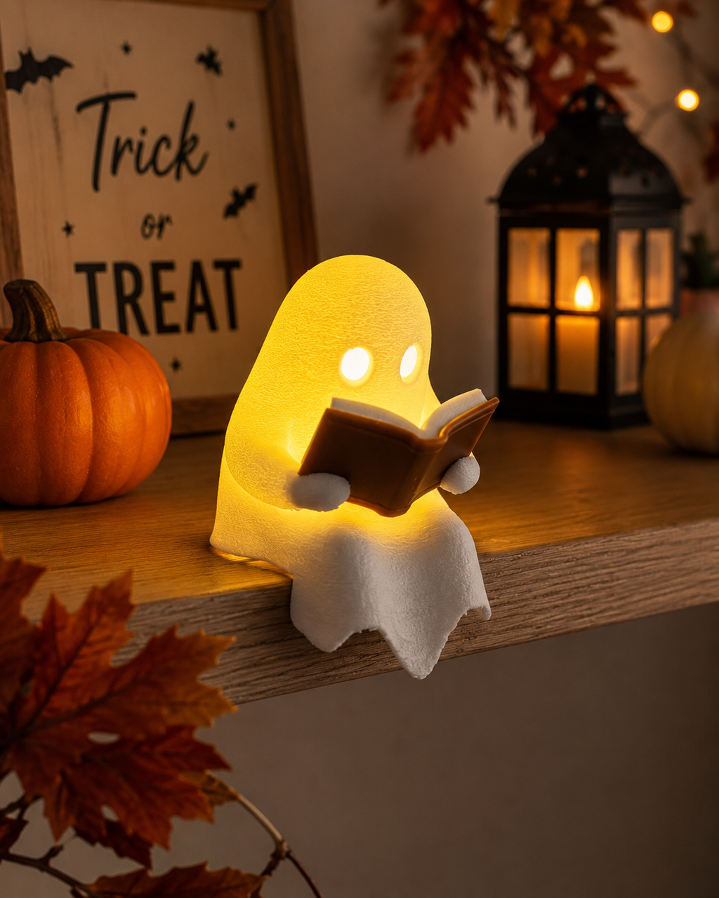 3D-gedruckter LED-Geist mit Buch – leuchtende Deko für Regal & Zuhause