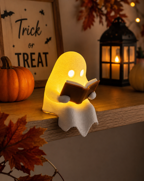 3D-gedruckter LED-Geist mit Buch – leuchtende Deko für Regal & Zuhause