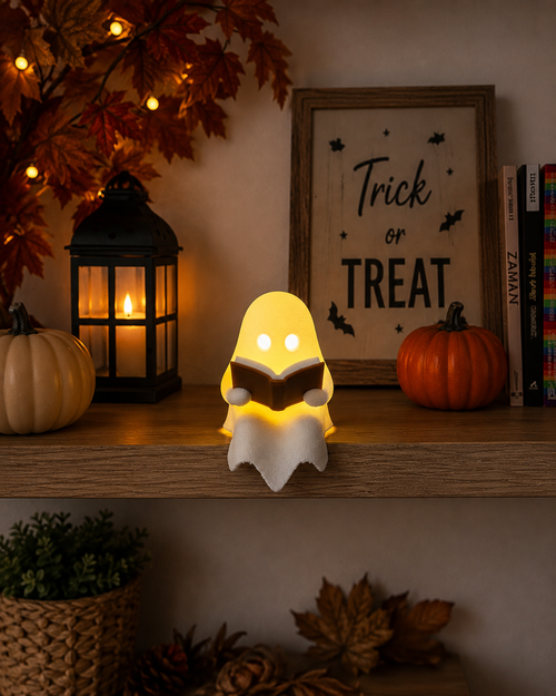3D-gedruckter LED-Geist mit Buch – leuchtende Deko für Regal & Zuhause