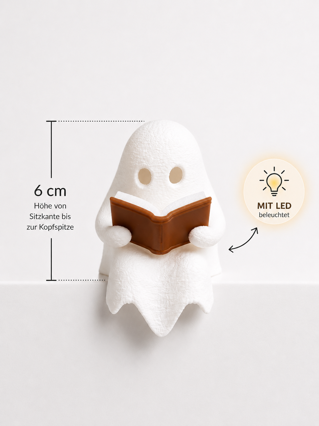 3D-gedruckter LED-Geist mit Buch – leuchtende Deko für Regal & Zuhause