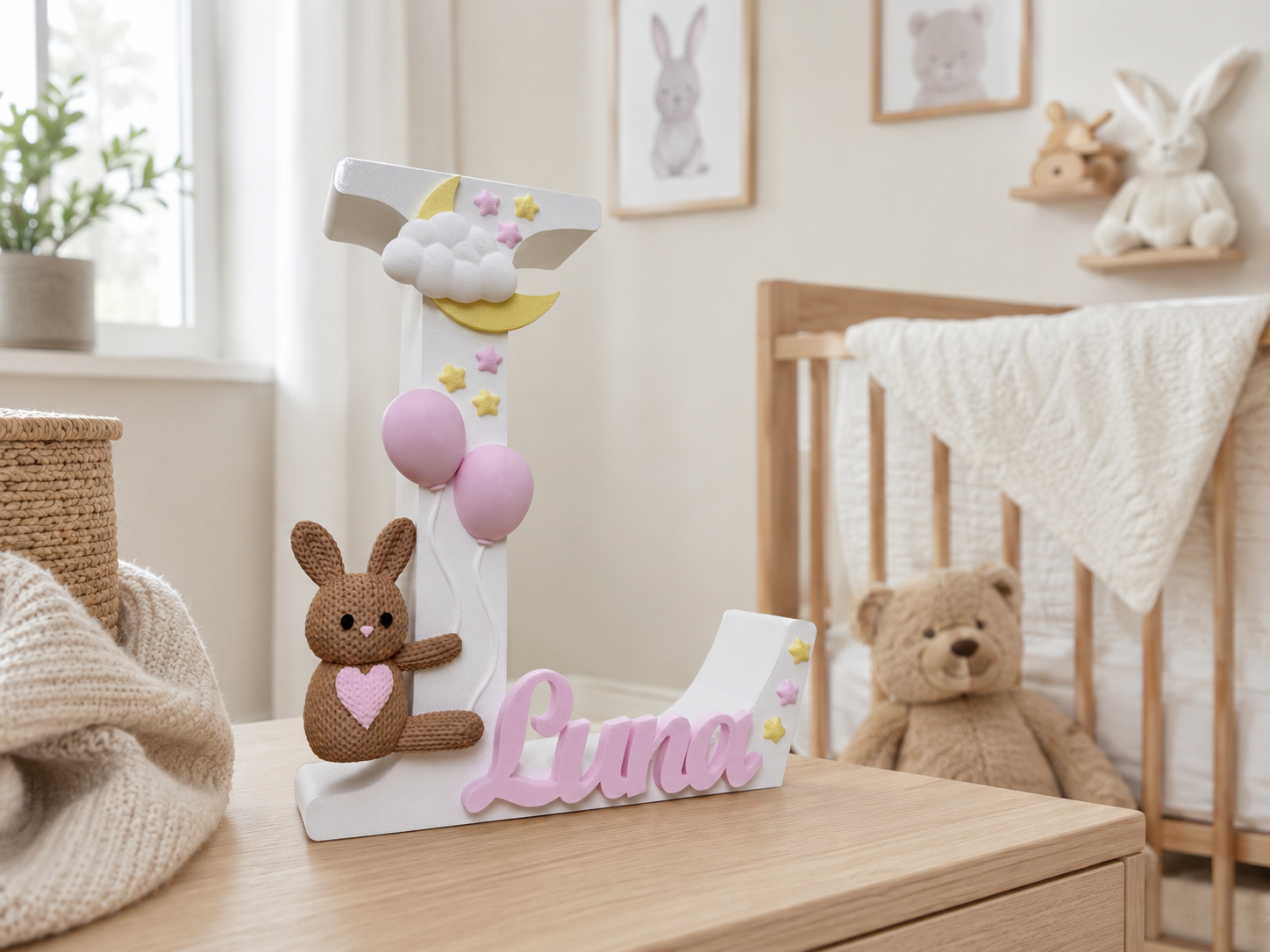 LovelyBunnyHoney | Personalisierter 3D Buchstabe mit Name | LED Nachtlicht Babyzimmer | Kinderzimmer Deko | Geschenk zur Geburt