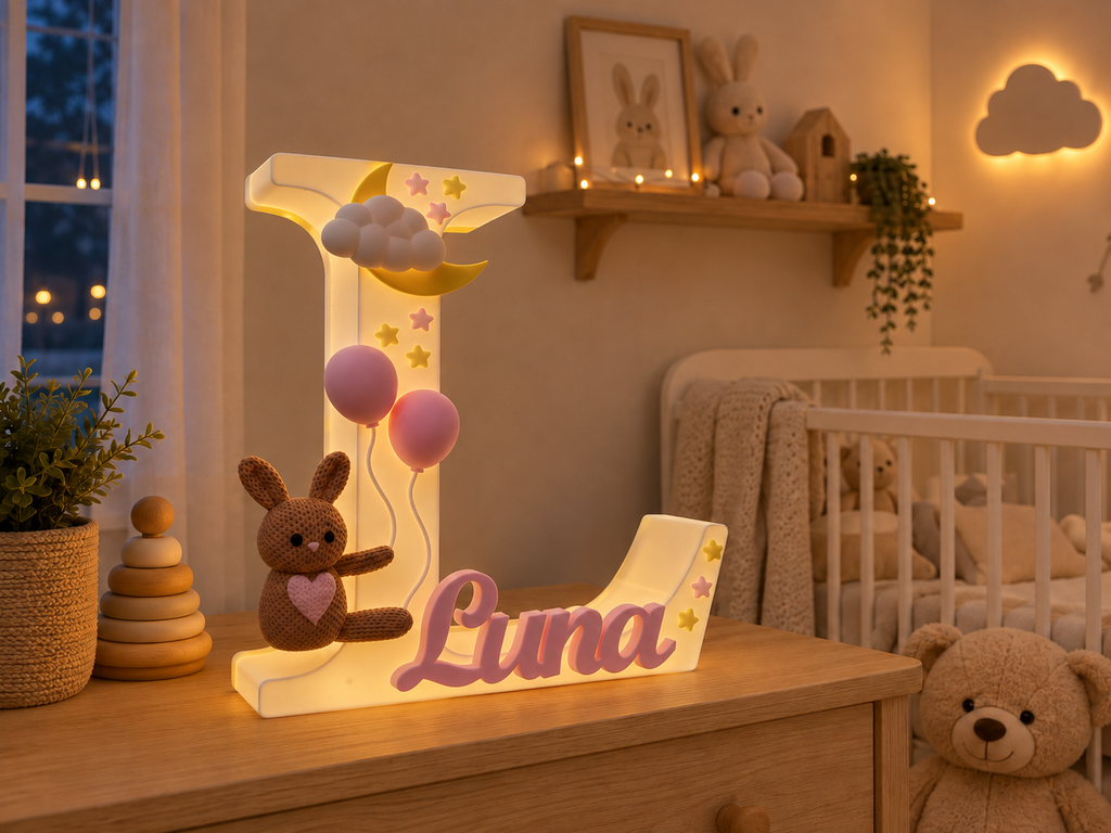 LovelyBunnyHoney | Personalisierter 3D Buchstabe mit Name | LED Nachtlicht Babyzimmer | Kinderzimmer Deko | Geschenk zur Geburt
