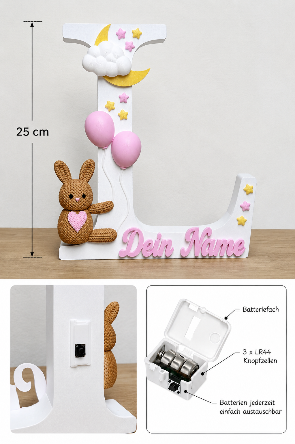 LovelyBunnyHoney | Personalisierter 3D Buchstabe mit Name | LED Nachtlicht Babyzimmer | Kinderzimmer Deko | Geschenk zur Geburt